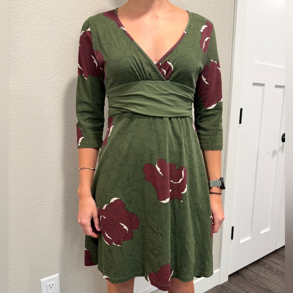 Patagonia Olive Green Wrap Midi Dress with Burgundy Floral